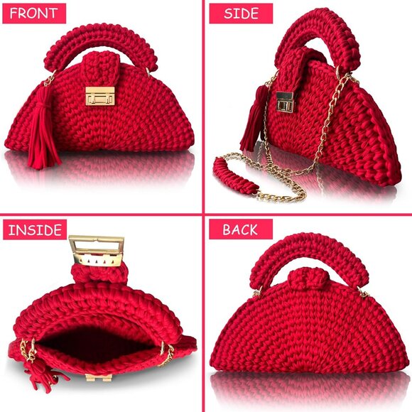 Women's Evening Clutch Handmade Crochet Small Formal Flap Red Crossbody Bag - Picture 5 of 6